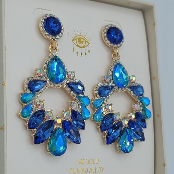 Eye Candy Earrings Luxe Blue Green Gold Plated Glass Crystals Earrings #545 - Picture 6 of 16